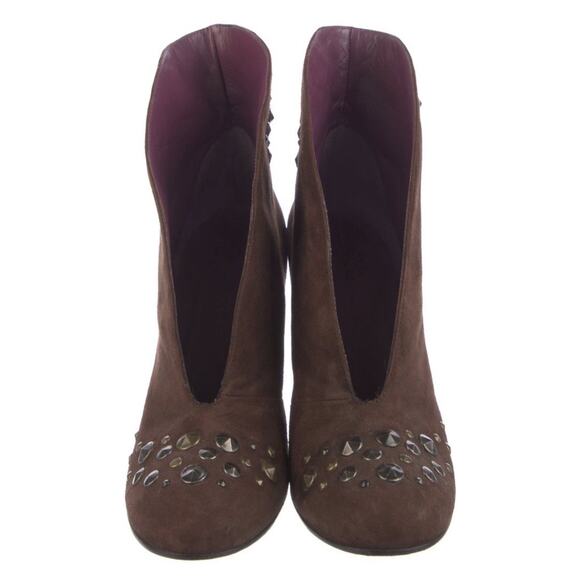 Marc Jacobs Brown Suede Gold Bronze Studded Low Open Front Booties Size 10.5 - Picture 3 of 5